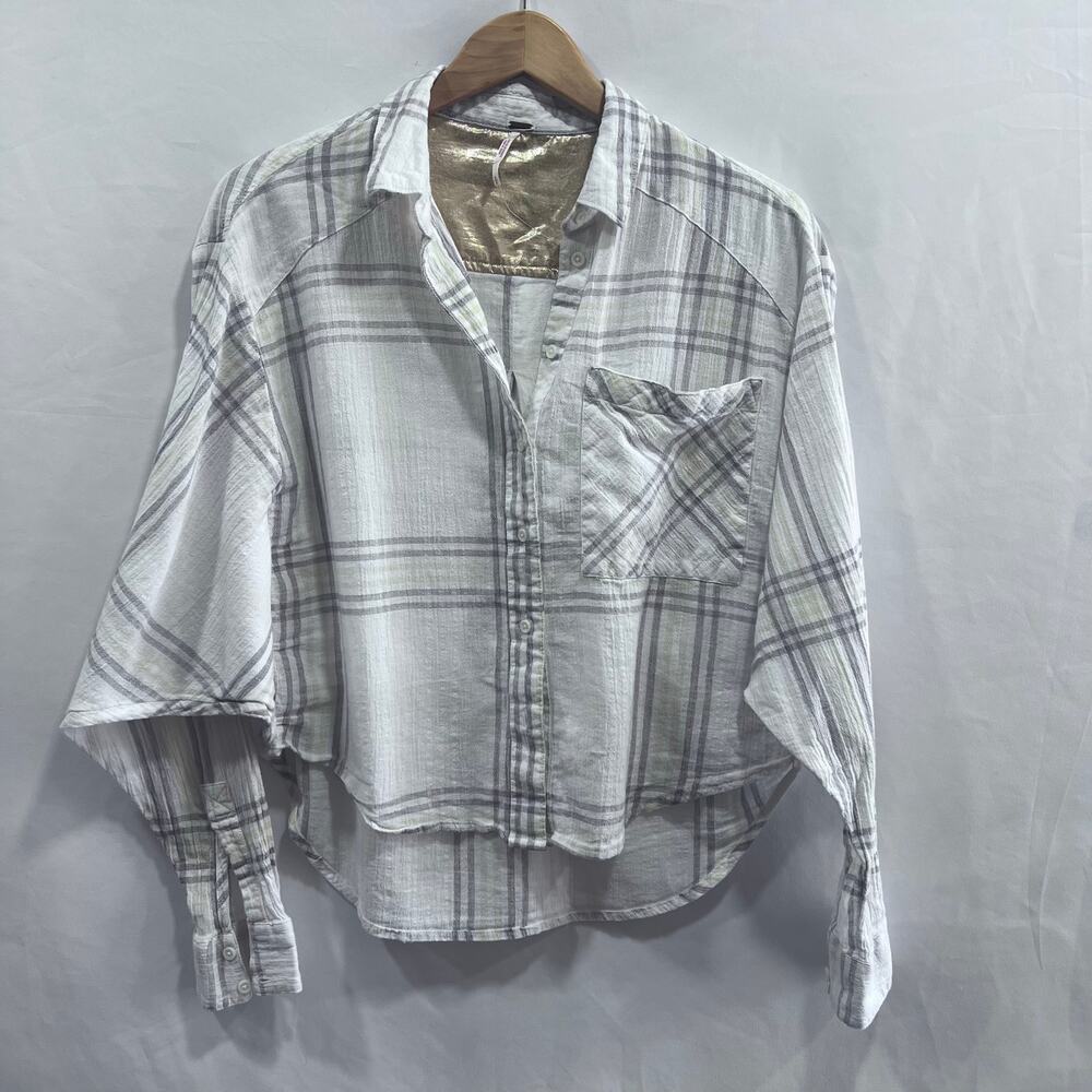 Free People Women’s Long Sleeve Oversized Boho Wide Arm Cream Plaid Top Size S